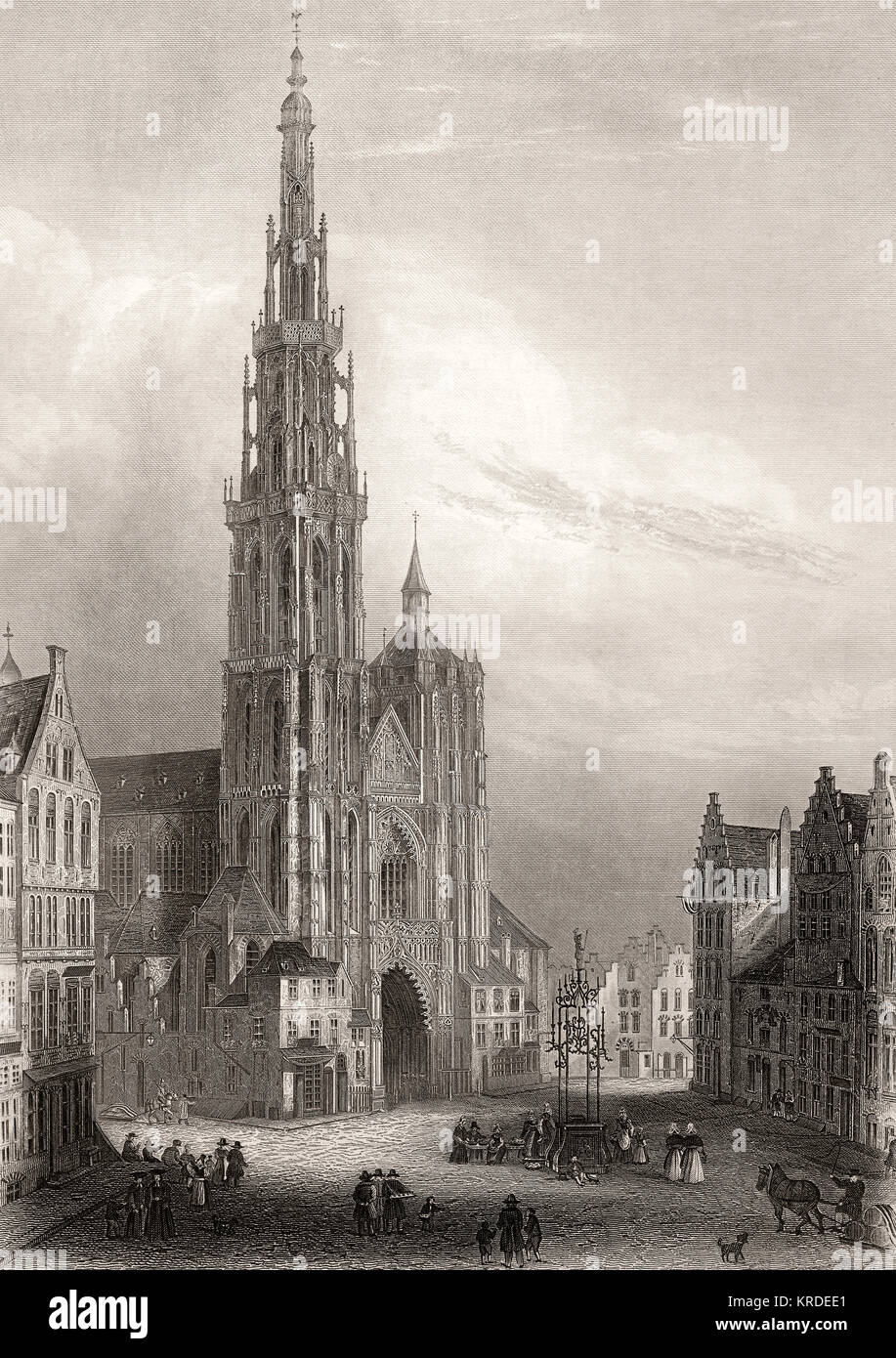 Cathédrale Notre-Dame, Cathedral of Our Lady, Antwerp,  Flanders, Belgium, 19th century Stock Photo