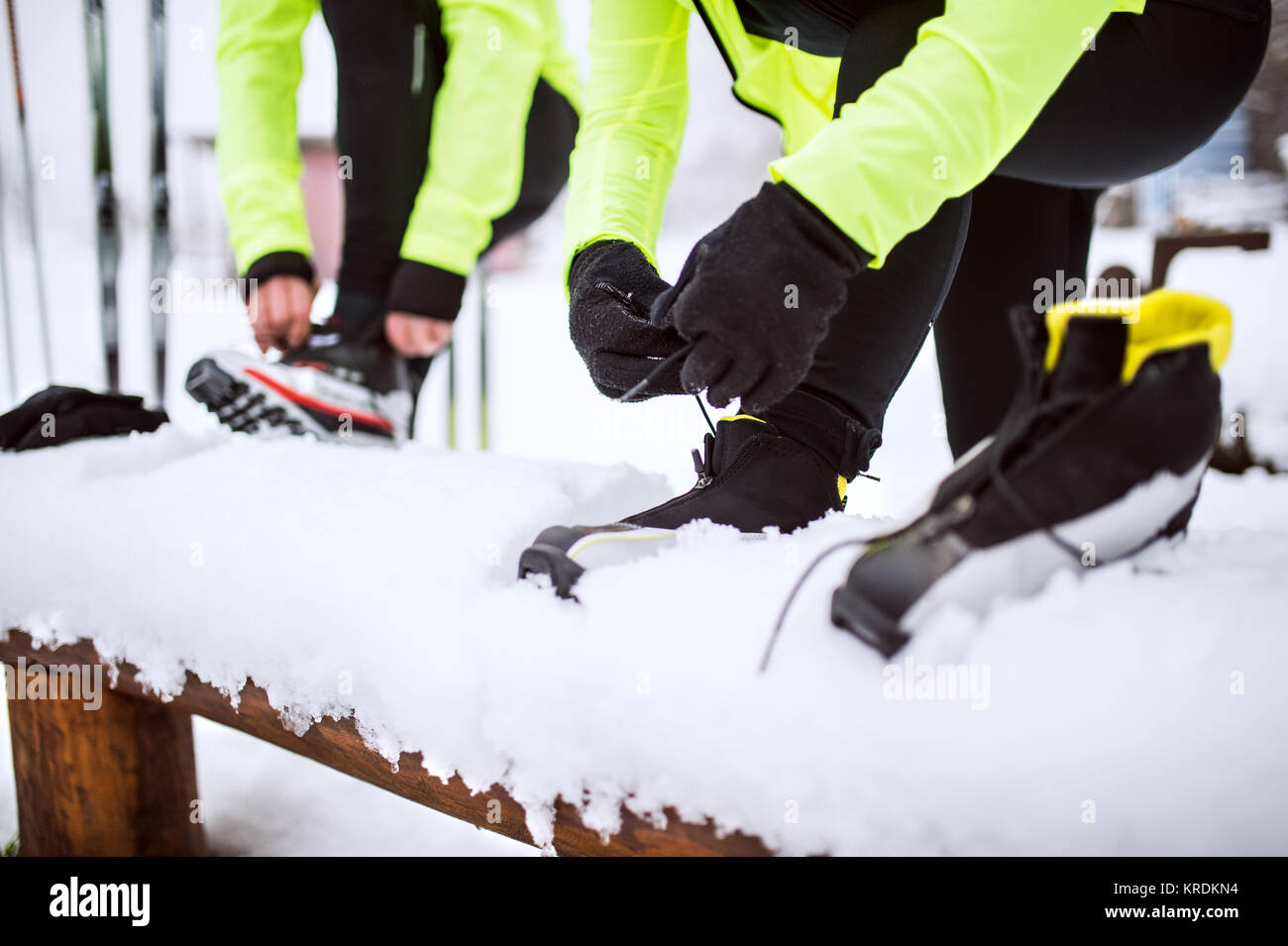 Senior couple getting ready for crosscountry skiing Stock Photo Alamy