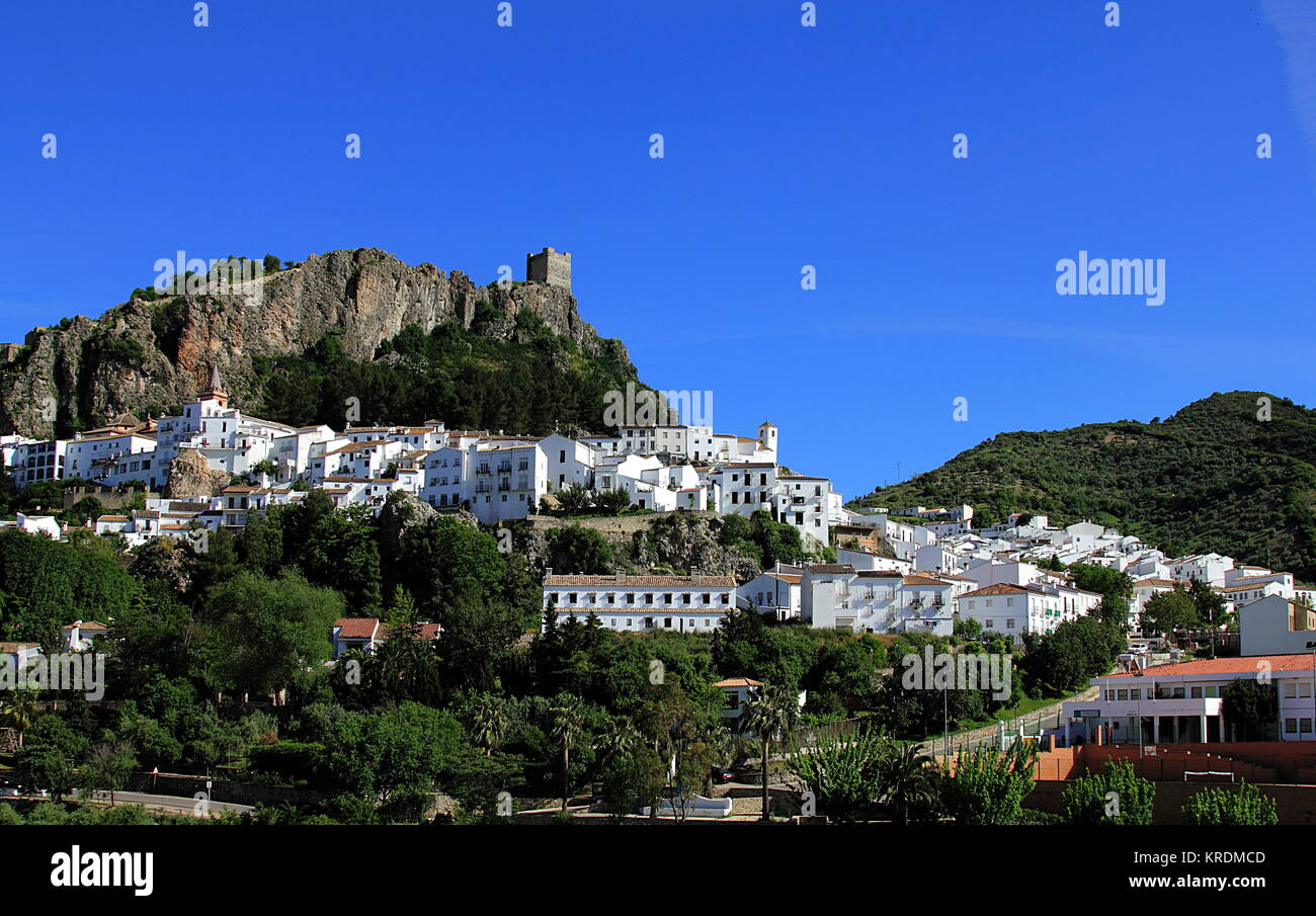 View of Zahara de la Sierra town, Pueblos blancos, Spain Stock Photo ...
