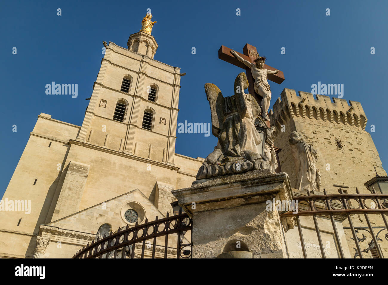 Statues and tower of the 14th century Papal Palace, Avignon, Provence, France. 2017. Stock Photo