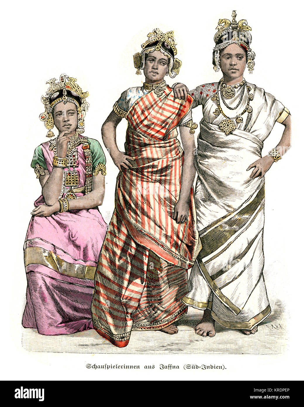 Vintage engraving of Traditional costumesof India, 19th Century. Actresses of Jaffna, Sri Lanka. Stock Photo