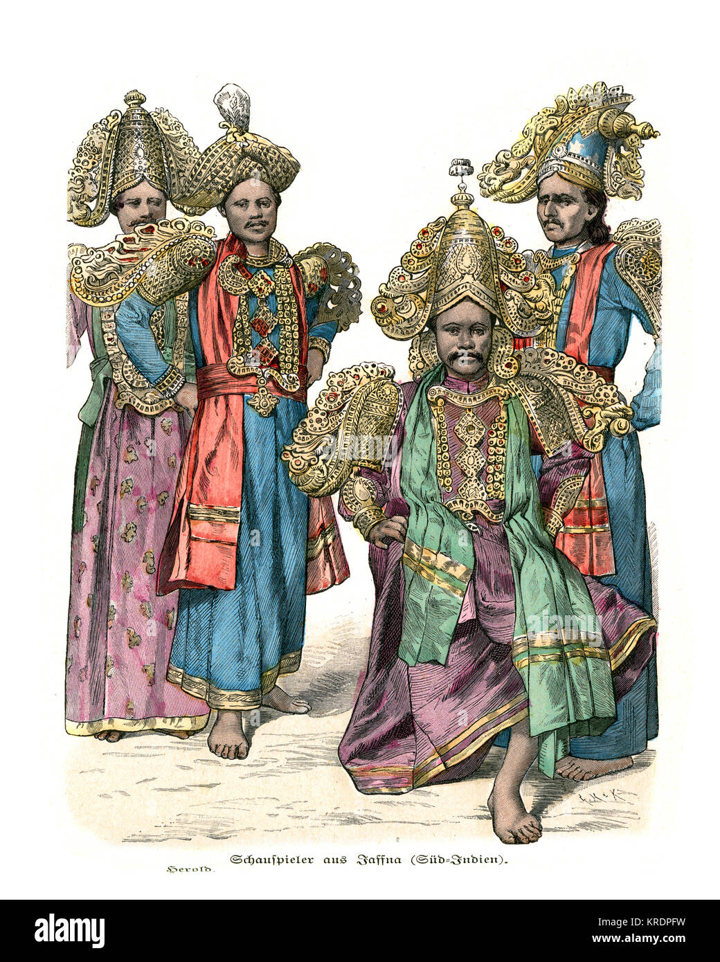 Vintage engraving of Traditional costumesof India, 19th Century. Actors of Jaffna, Sri Lanka. Stock Photo