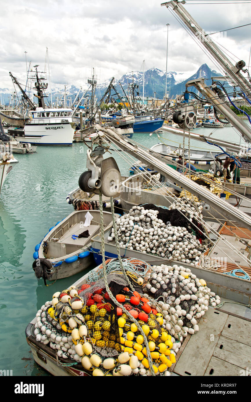 Valdez harbor, seine fishing boats awaiting approval from Federal Fish Authority to proceed with Coho Salmon fishing,  Port Of Valdez. Stock Photo