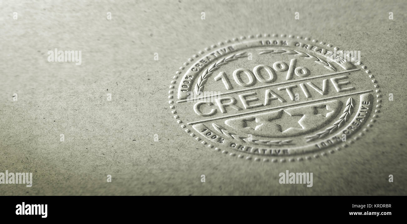 3D illustration of an embossed stamp with the text 100 percent creative