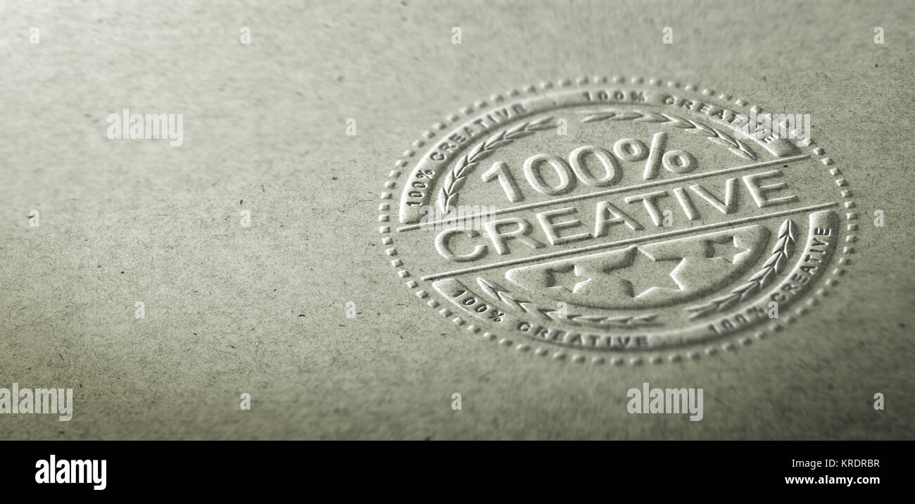 3D illustration of an embossed stamp with the text 100 percent creative. Background for communication on creativity and innovation in graphic design Stock Photo