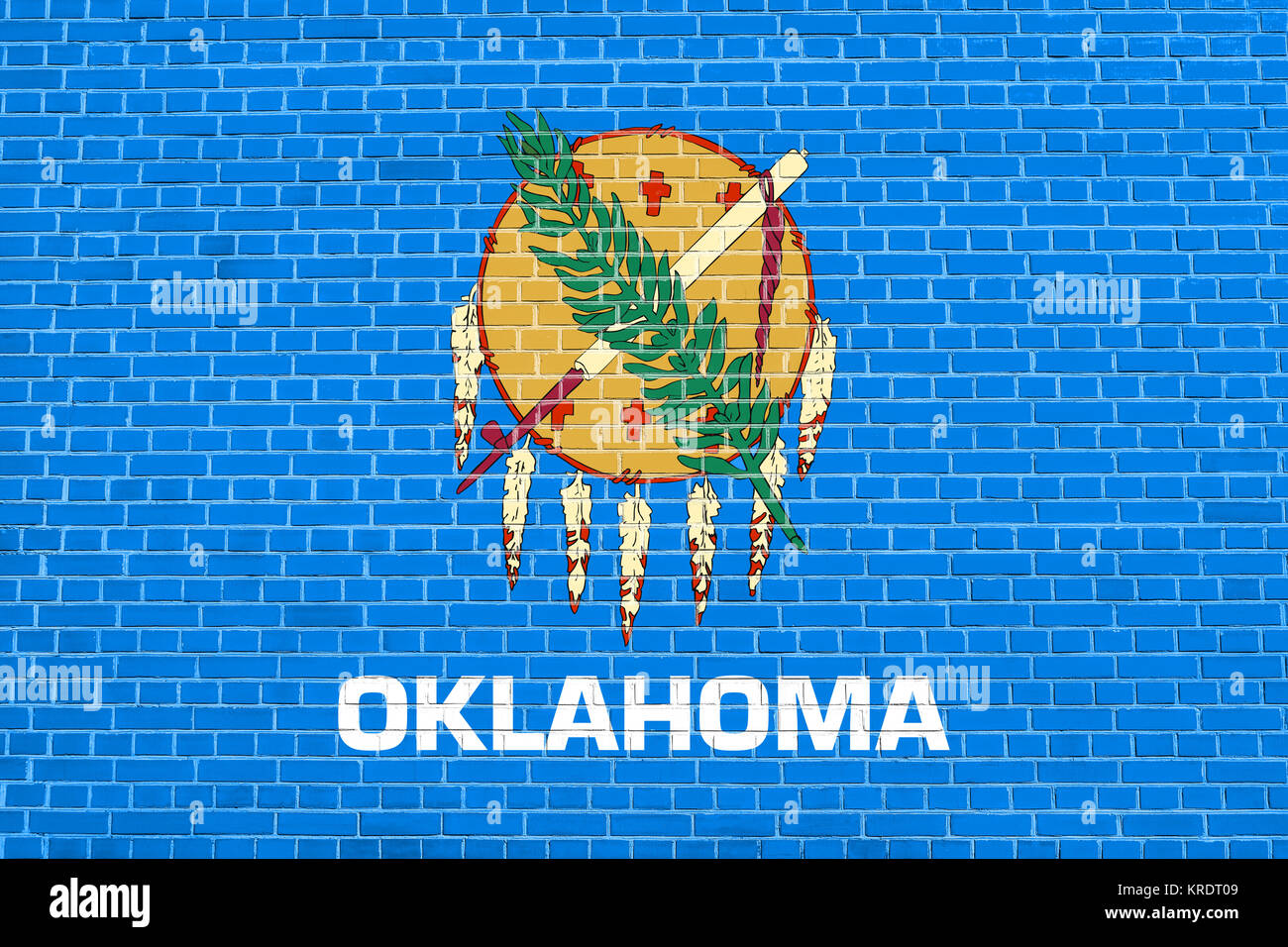Flag of Oklahoma on brick wall texture background Stock Photo