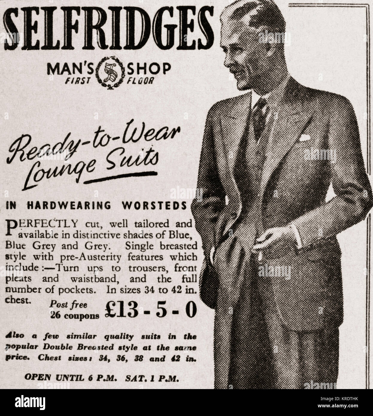 1943 advertisement for Selfridges Man's Shop.   From The Daily Telegraph, May 18th, 1943. Stock Photo