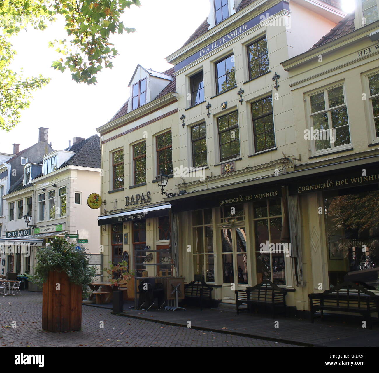Restaurants at central Grote kerkplein square, inner city of Zwolle, The Netherlands Stock Photo