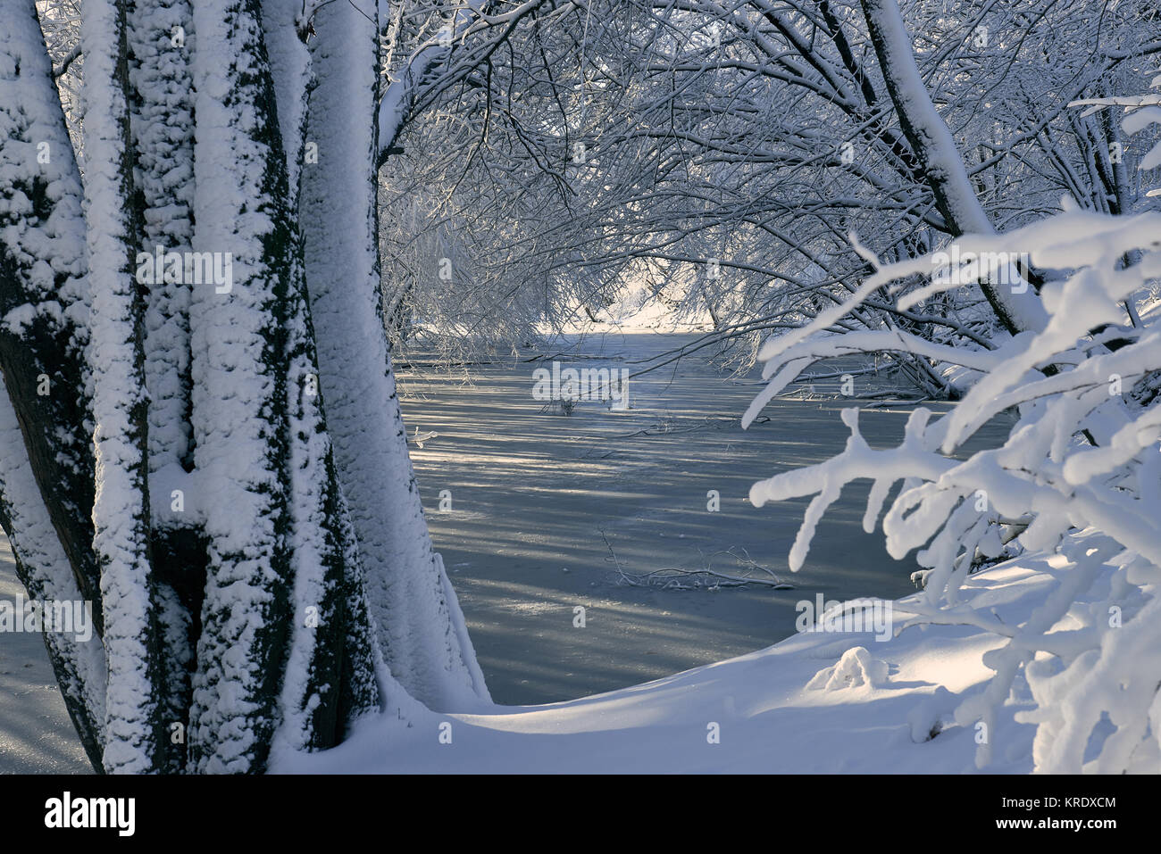 The Nashwaak river in Fredericton photographed after a heavy winter storm, with golden light in the morning Stock Photo