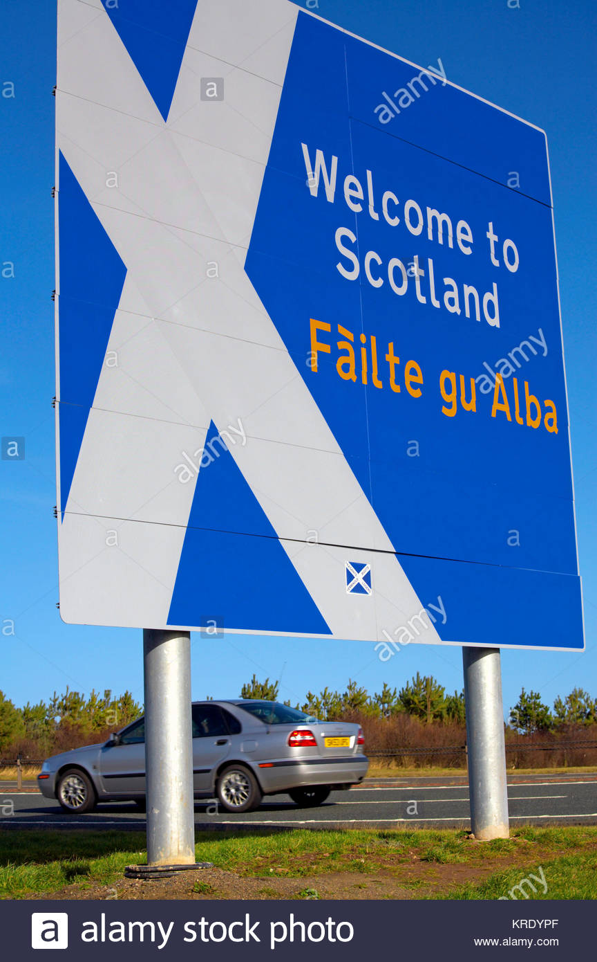 Welcome to Scotland sign on the verge of the A1 dual carriageway, on the Scottish/English border Stock Photo