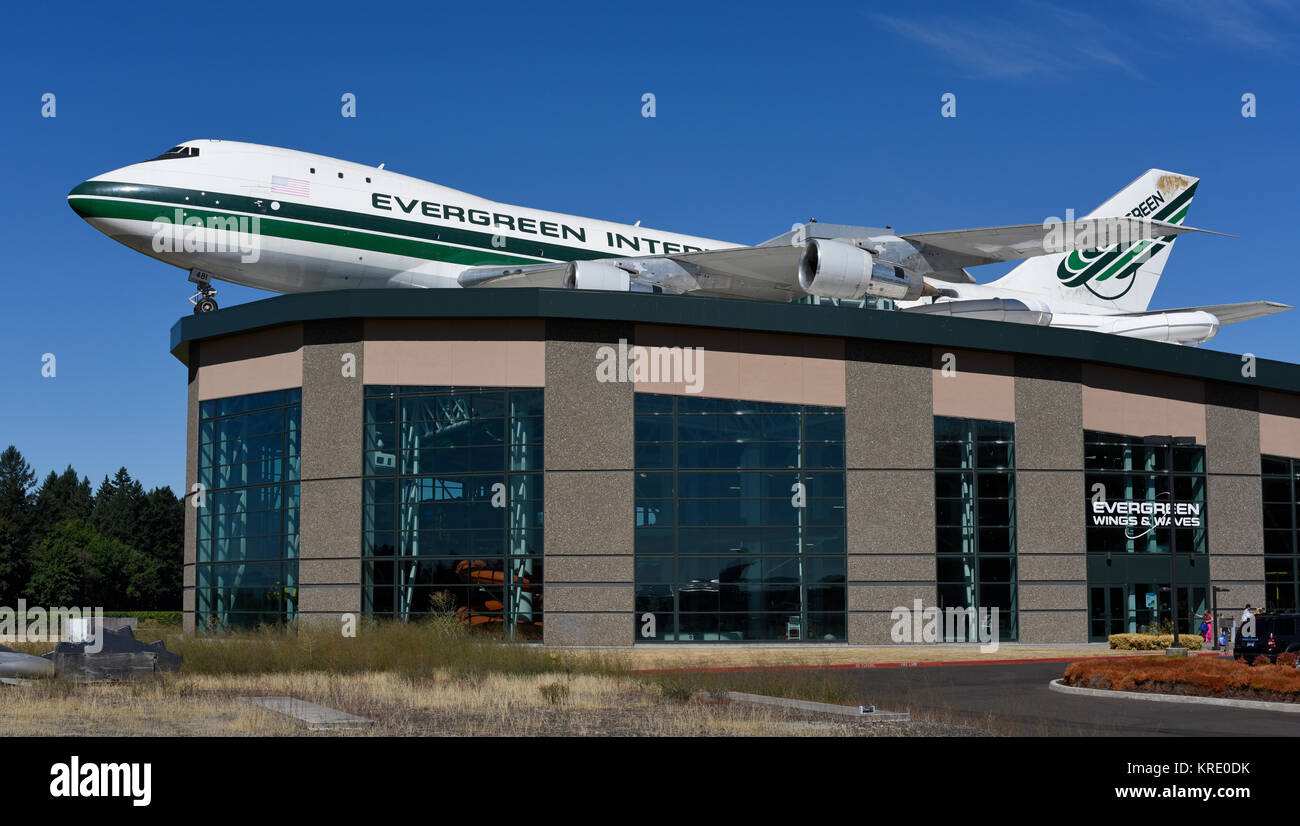 Exterior of the Waterpark and the mounted Evergreen International Boeing  747-100 Jumbo Jet Stock Photo - Alamy