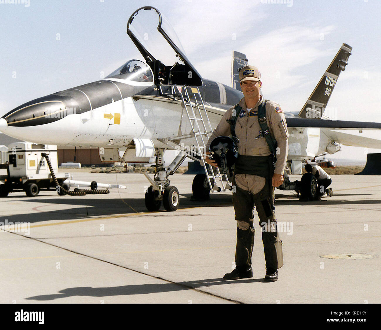 EC94-43599-1 Dana D. Purifoy is an aerospace research pilot at NASA's Dryden Flight Research Center, Edwards, California. He joined NASA in August 1994. Purifoy is a former Air Force test pilot who served as a project pilot in the joint NASA/Air Force X-29 Forward Swept Wing research program conducted at Dryden from 1984 to 1991. 1996 NASA Photo / & F-18 HARV Project Description  NASA Identifier: 310189main EC94-43599-1 Dana Purifoy with F-18 High Alpha Research Vehicle (EC94-43599-1) Stock Photo