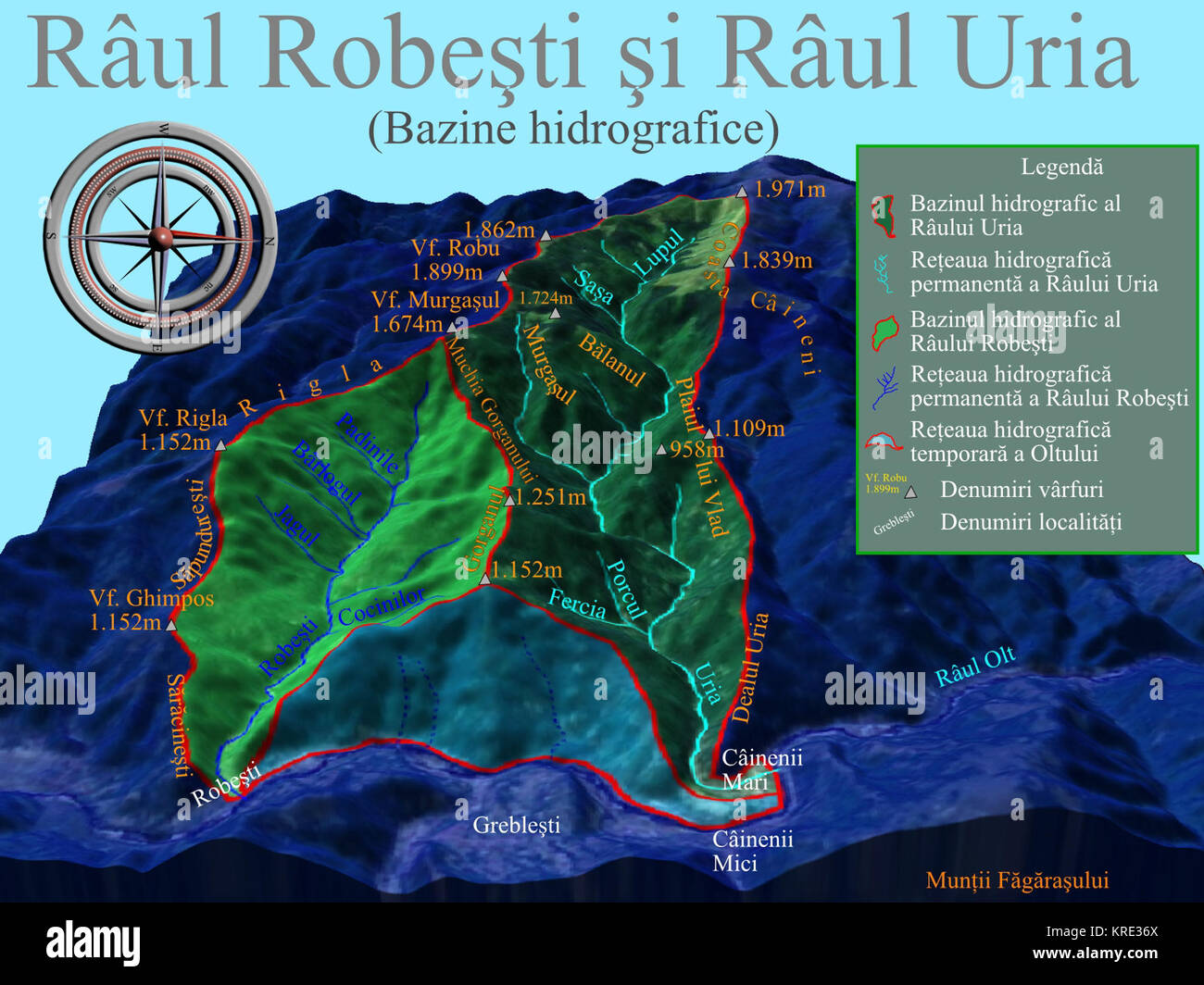 Harta 3D pentru Bazinul hidrografic al Raului Uria si Robesti, afluenti ai  Oltului Stock Photo - Alamy