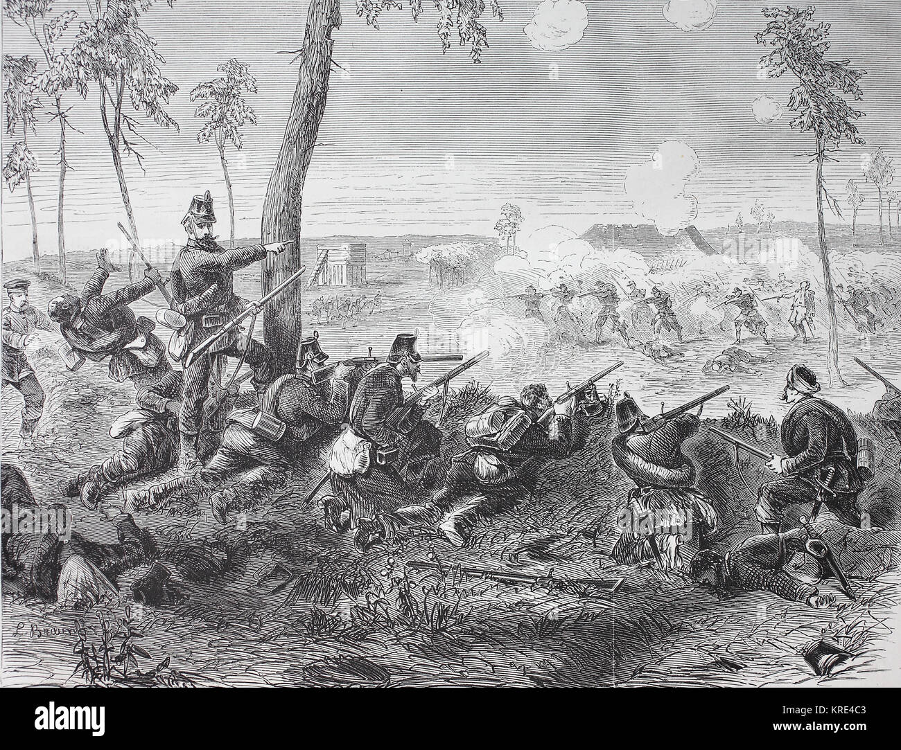Battle between the communities Chevilly and Villejuif near Paris on 30 September 1870, tirailleur line of the fighting 2nd Company of the Prussian 6th Stock Photo