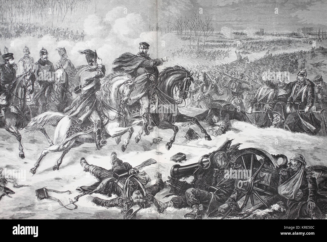 Field Marshal Prince Friedrich Karl and his staff in battle at Orleans, France, on the evening of December 4, in the Franco-Prussian War of 1870/1871, Stock Photo