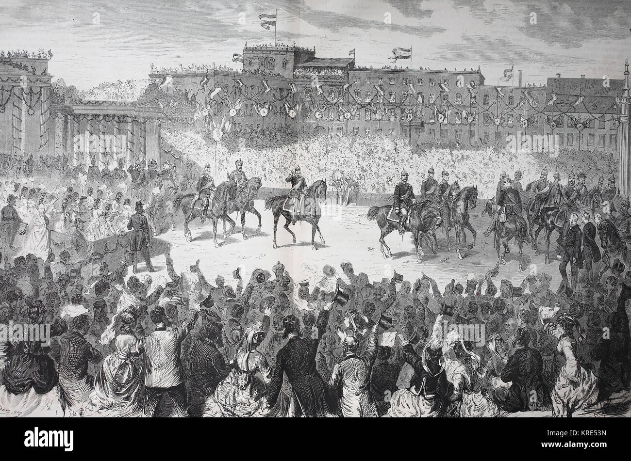 The triumphal procession of the Emperor and his troops through the Brandenburg Gate in Berlin on June 16, 1871, Franco-Prussian War, digital improved  Stock Photo