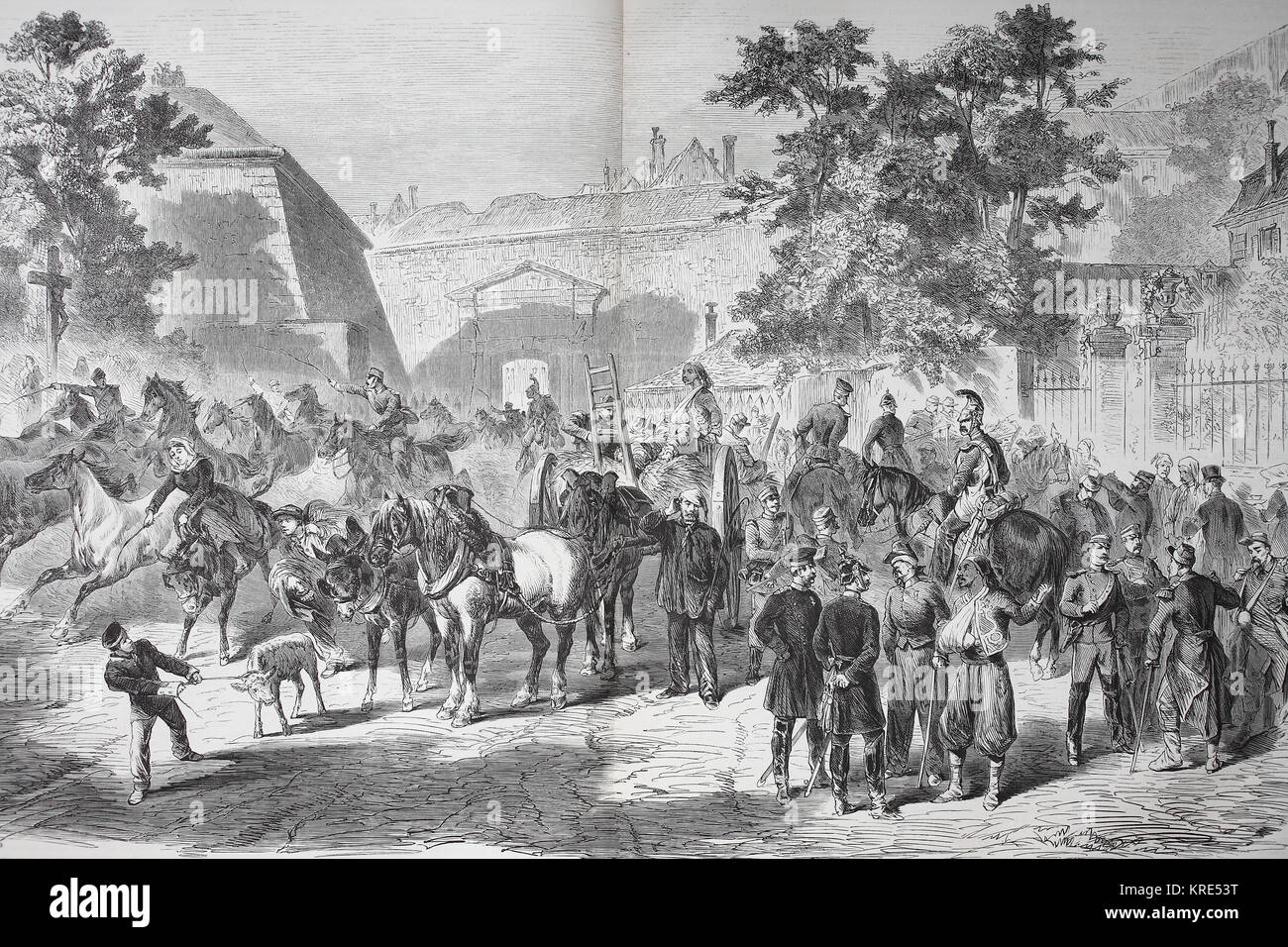 Street scene with soldiers, wounded and peasants outside the city of Sedan on the morning of 2 September, in the Franco-Prussian War of 1870/1871, dig Stock Photo