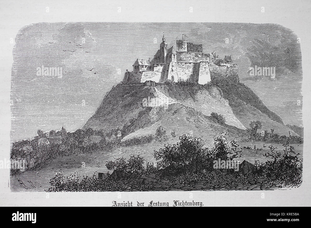 View of the fortress Lichtenberg in Alsace around 1870, France, digital improved reproduction of a woodcut from the year 1880 Stock Photo