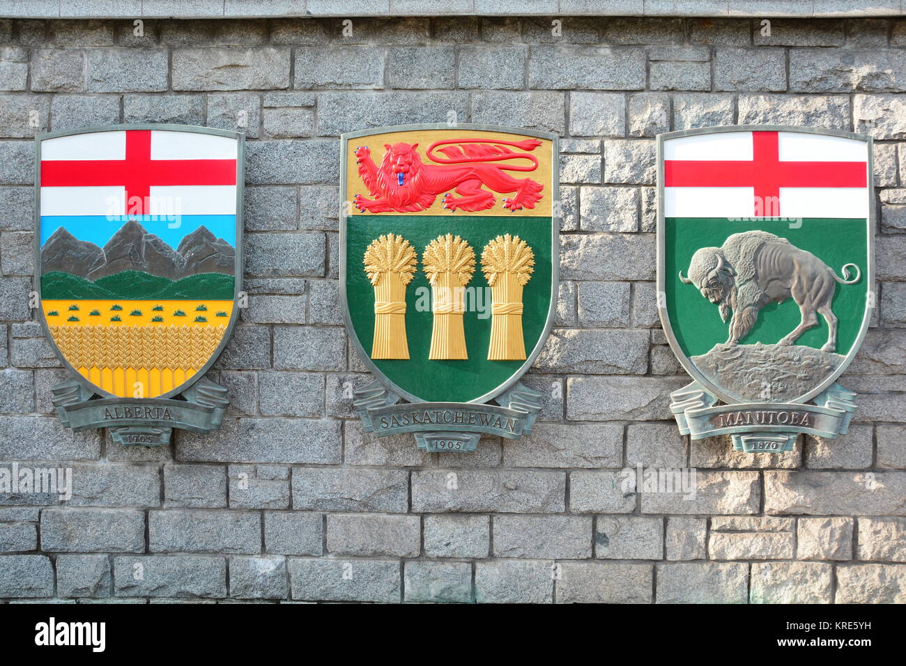 The coats of arms for the provinces of Alberta, Saskatchewan and Manitoba. Stock Photo