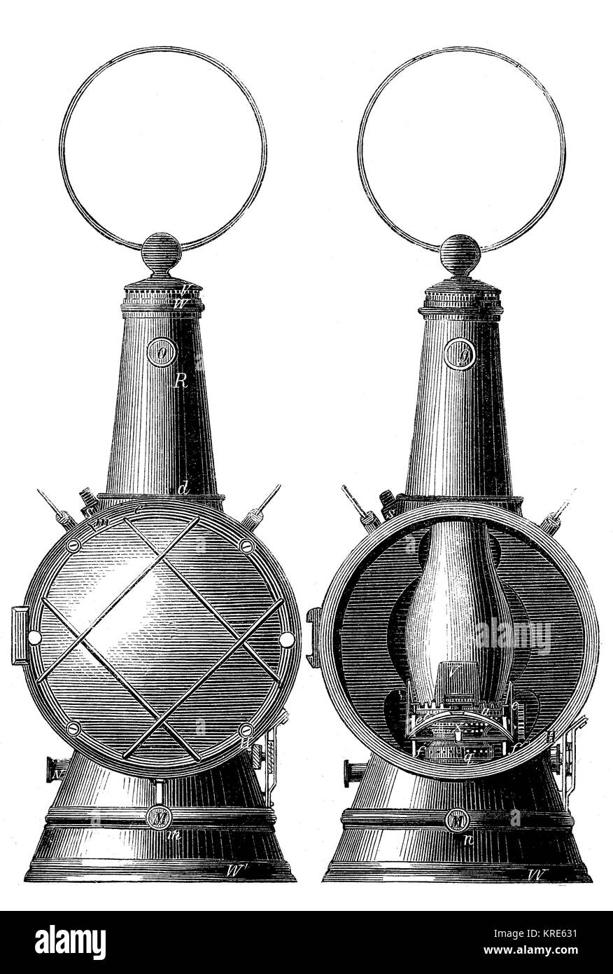Fullers diving lantern, lantern for underwater, left front view closed, right front view open, digital improved reproduction of a woodcut from the yea Stock Photo