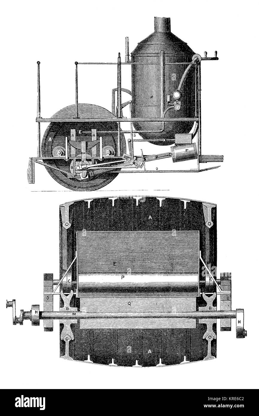 Construction drawings of the steam traction engine of Simon Stevens, vertical view and side view of the tractor for omnibuses and other cars for the r Stock Photo