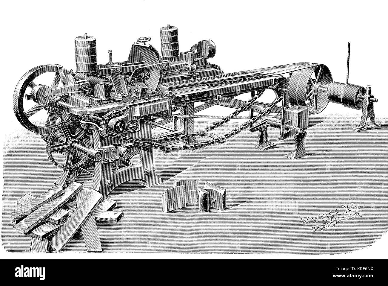 Wood industry, woodworking machines, staves planing machine and recess machine, by Anton & Sons in Flenburg, Germany, industrial product from the year Stock Photo