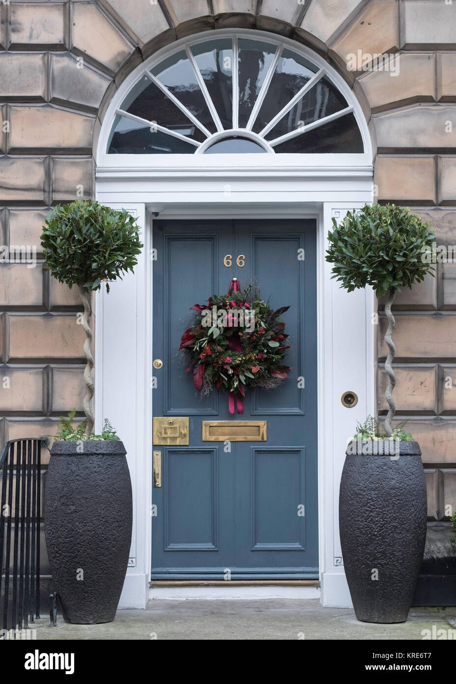 Christmas decorations of front doors of Georgian Houses in the New Town of Edinburgh , Scotland, United Kingdom Stock Photo