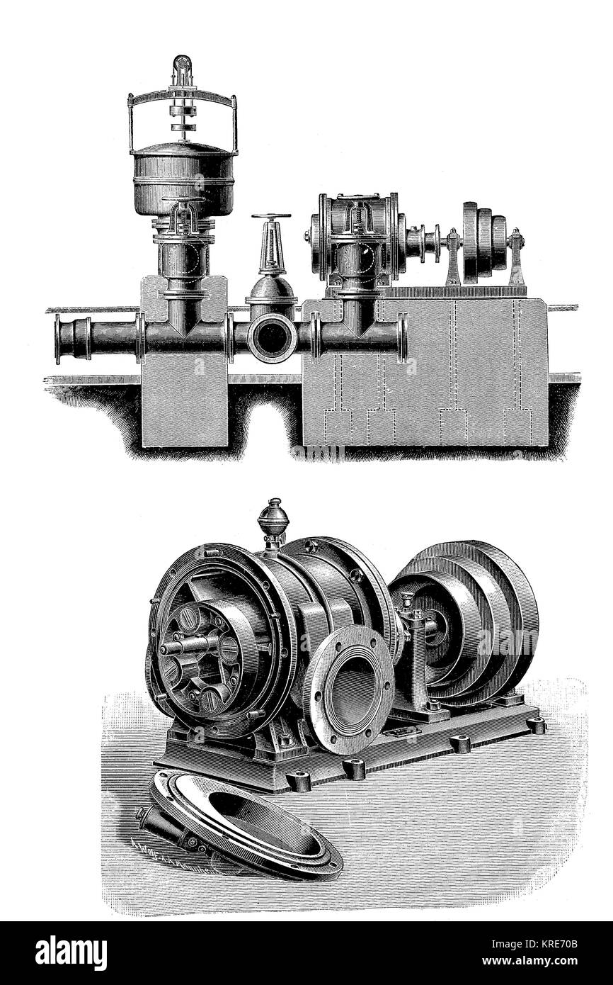 Exhaustor, a machine to suck and vacuum steam, dust, air or gas, here a tool produces by Bopp & Reuther, Mannheim, Germany, industrial product from th Stock Photo