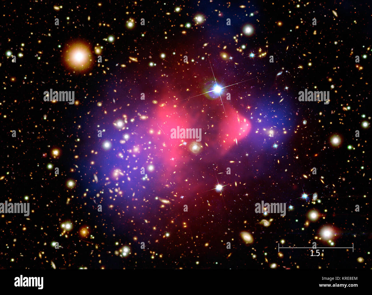 This composite image shows the galaxy cluster 1E 0657-56, also known as the 'bullet cluster', formed after the collision of two large clusters of galaxies.  Hot gas detected by Chandra is seen as two pink clumps in the image and contains most of the 'normal' matter in the two clusters.  An optical image from Magellan and the Hubble Space Telescope shows galaxies in orange and white. The blue clumps show where most of the mass in the clusters is found, using a technique known as gravitational lensing.  Most of the matter in the clusters (blue) is clearly separate from the normal matter (pink),  Stock Photo