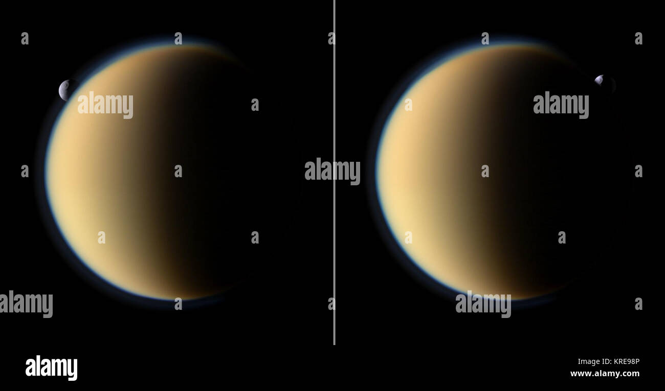 Tethys Behind Titan Stock Photo