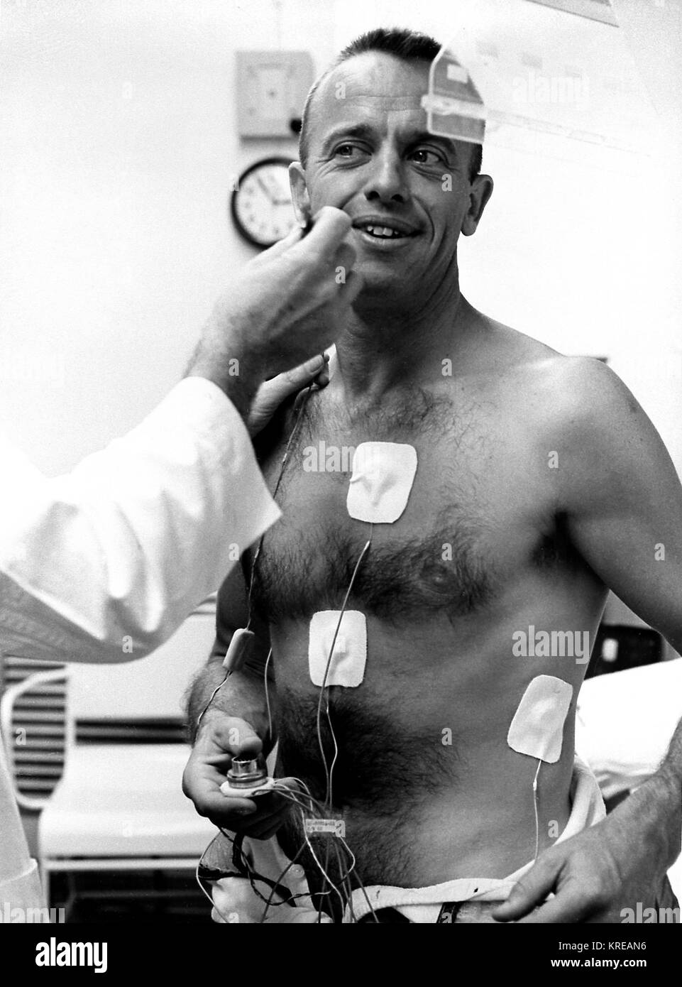 Astronaut Shepard, Alan Underwent Physical Examination Prior to first Manned Suborbital Flight, MR-3 with Freedom 7 Capsule. REF; M61-1044-29 (MIX FILE) Astronaut Alan Shepard 1961 Stock Photo