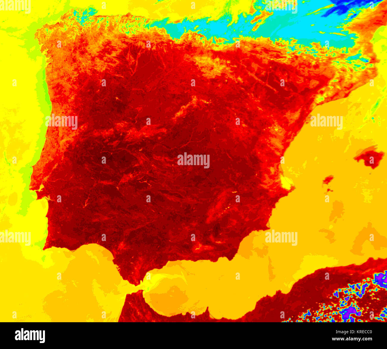 Summer Heatwave in Spain  On July 1, 2004, Spain (roughly the right-most three-quarters of the peninsula) and Portugal (left-hand quarter) were in the midst of a blistering heat wave that cost several people their lives. When the Moderate Resolution Imaging Spectroradiometer (MODIS) on the Aqua satellite captured this image (13:35 UTC, or 2:35 p.m. local time in Lisbon, Portugal) cool, sheltering clouds hugged only the northern coastline, while the rest of the country baked in the Sun. The image shown here is land surface temperature observations collected by MODIS that scientists have color-c Stock Photo