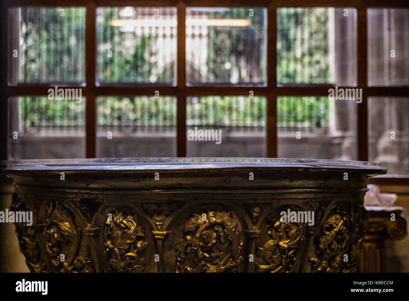 Detail of a baptismal font in the Cathedral of Toledo. Spain. Stock Photo