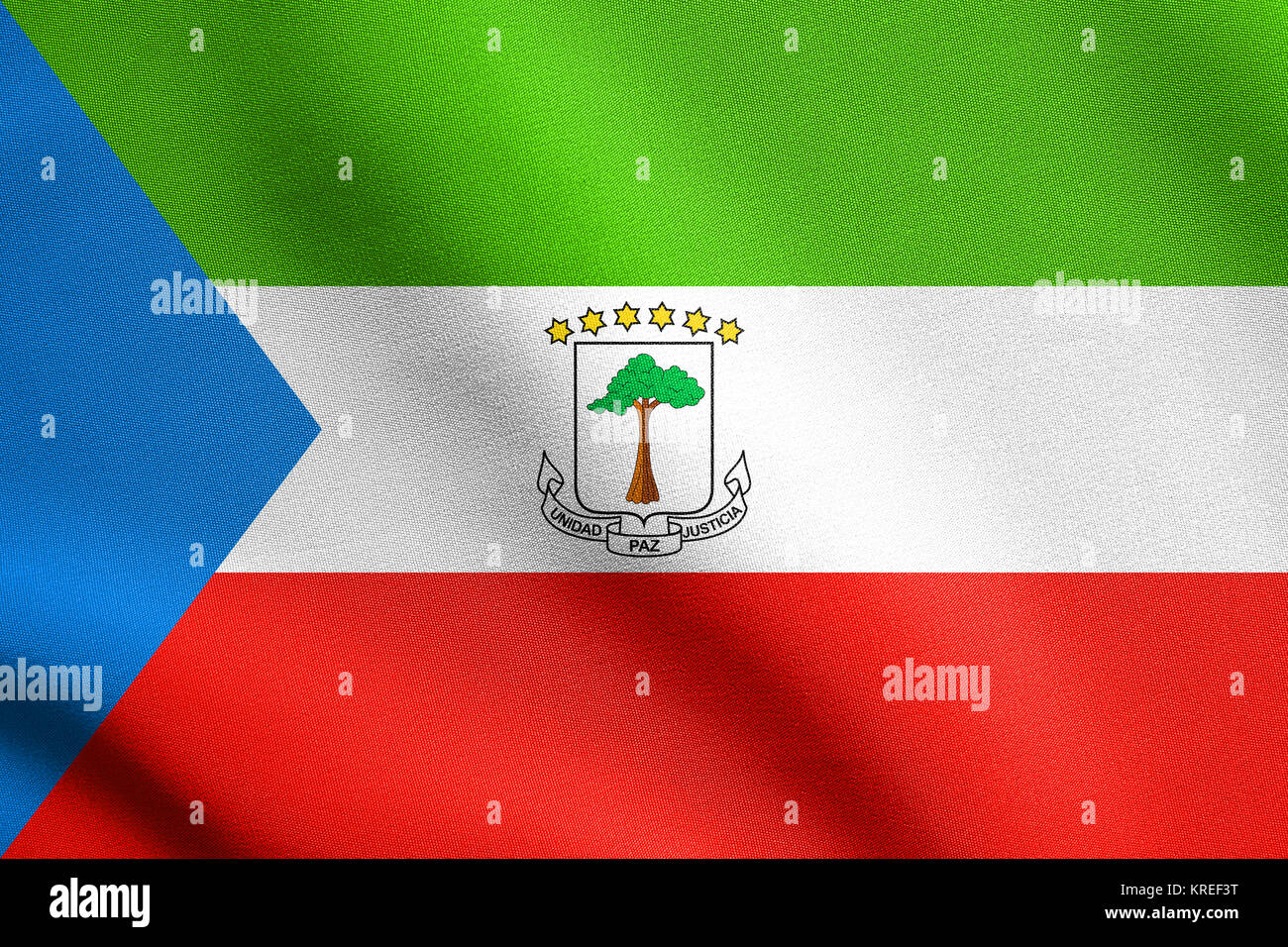 Flag of Equatorial Guinea waving, fabric texture Stock Photo