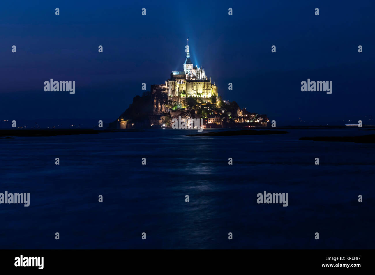 Mont Saint-Michel (Saint Michael's Mount), Normandy, north-western France: Spring tide of April at night. (Not available for postcard production) Stock Photo