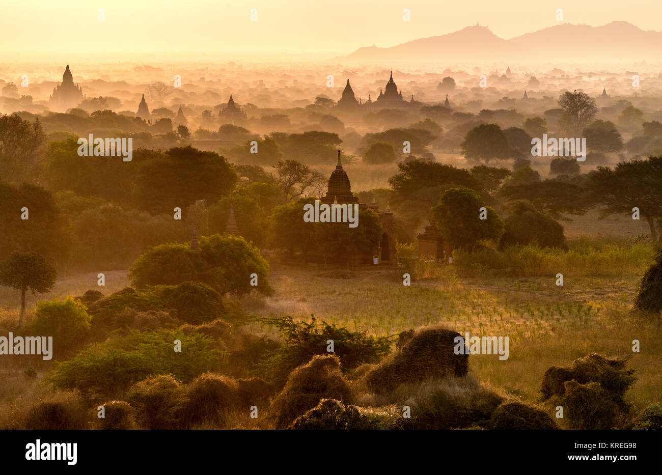 Royalty high quality free stock image aerial view of Sunrise landscape view with silhouettes of old temples, Bagan, Myanmar (Burma) Stock Photo