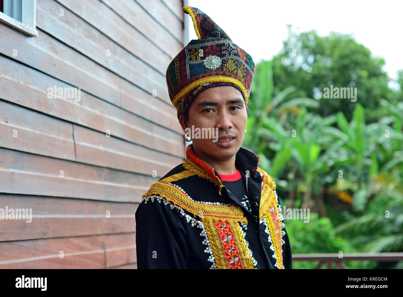 Portrait of Malaysian Native Man From Sabah Borneo in Traditional Costume. Stock Photo
