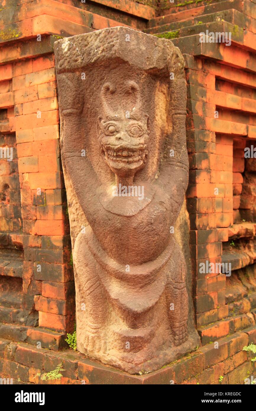 Temple Carving that resemble a gargoyle, My Son World Heritage Site, Central Vietnam near Da Nang Stock Photo