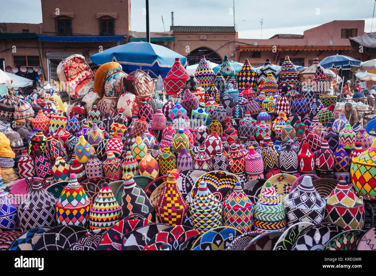 Colourful Traditional Arabic Pots in marketplace in Marrakesh, Morocco Stock Photo