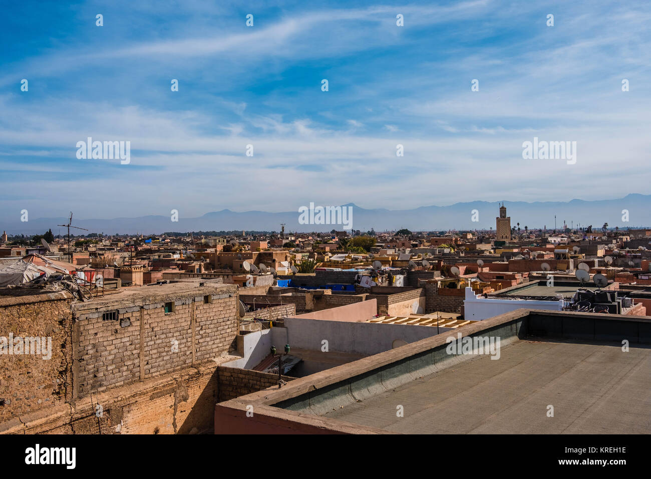 Skyline view of Marrakech with mountains on the background and classic Islamic City view Stock Photo