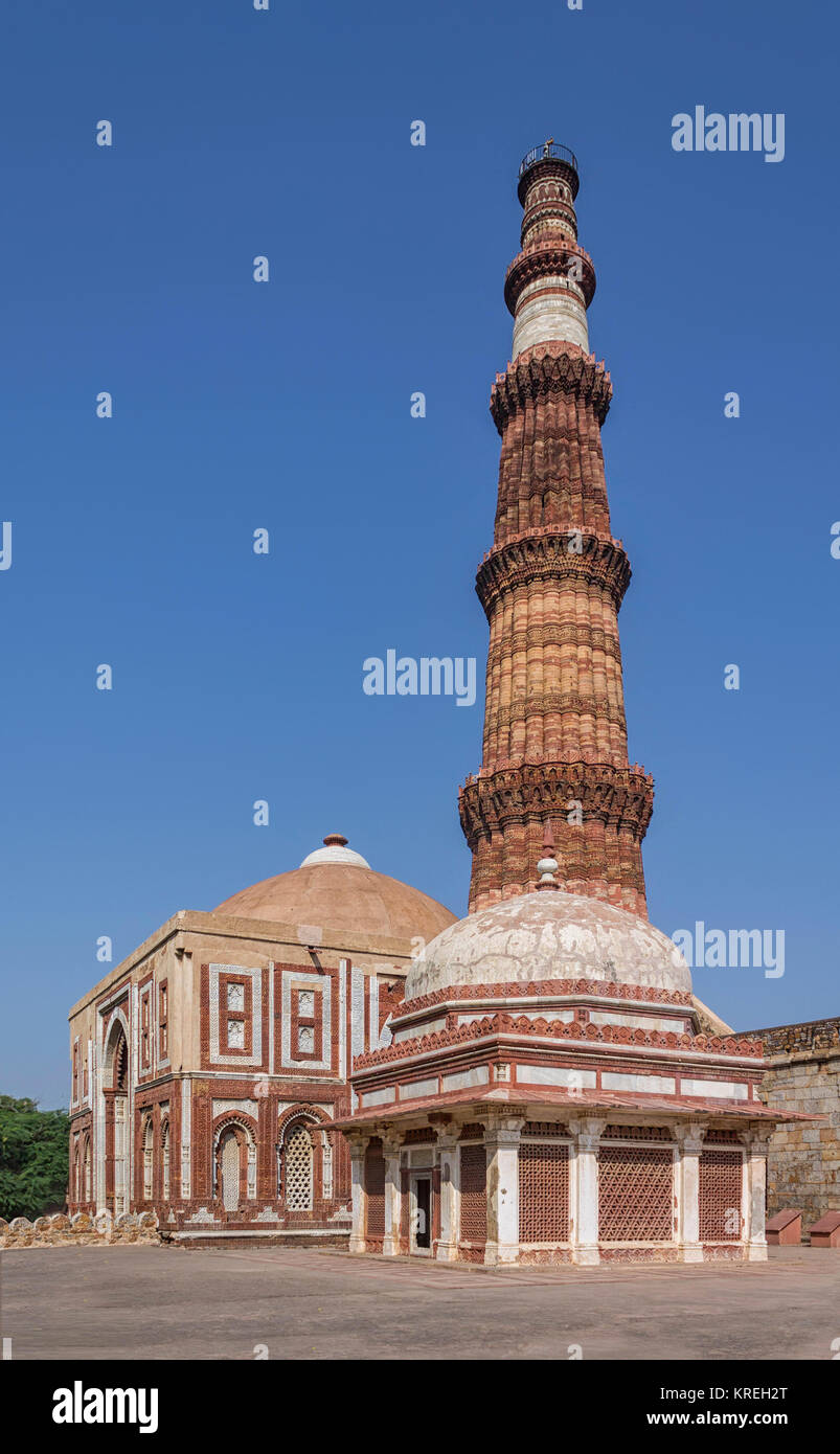 New Delhi , India – September 20, 2014-A View Of Qutab Minar Behind Alai Darwaza And Imam Zamin’s Tomb In Qutab Complex Stock Photo