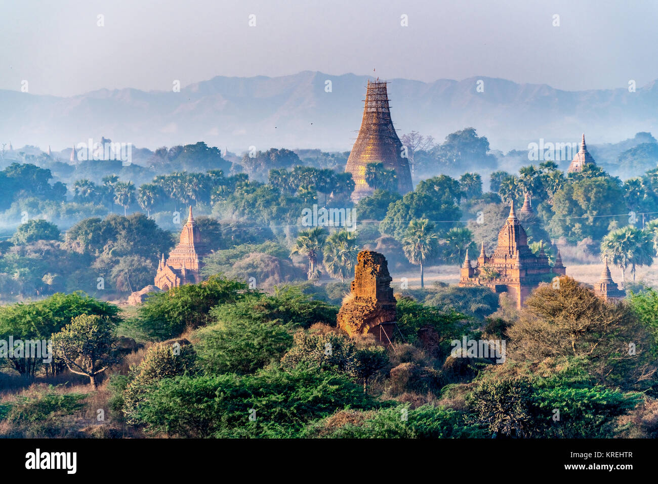 Royalty high quality free stock image aerial view of Sunrise landscape view with silhouettes of old temples, Bagan, Myanmar (Burma) Stock Photo