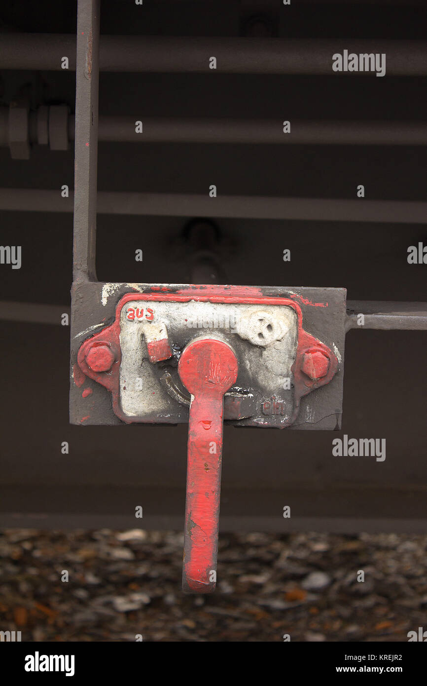 lever of a railroad car for freight traffic Stock Photo