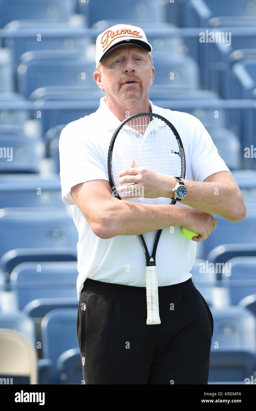 NEW YORK, NY - AUGUST 24: Boris Becker is sighted practicing on Arthur Ashe  Stadium court at the USTA Billie Jean King National Tennis Center on August  24, 2014 in the Queens