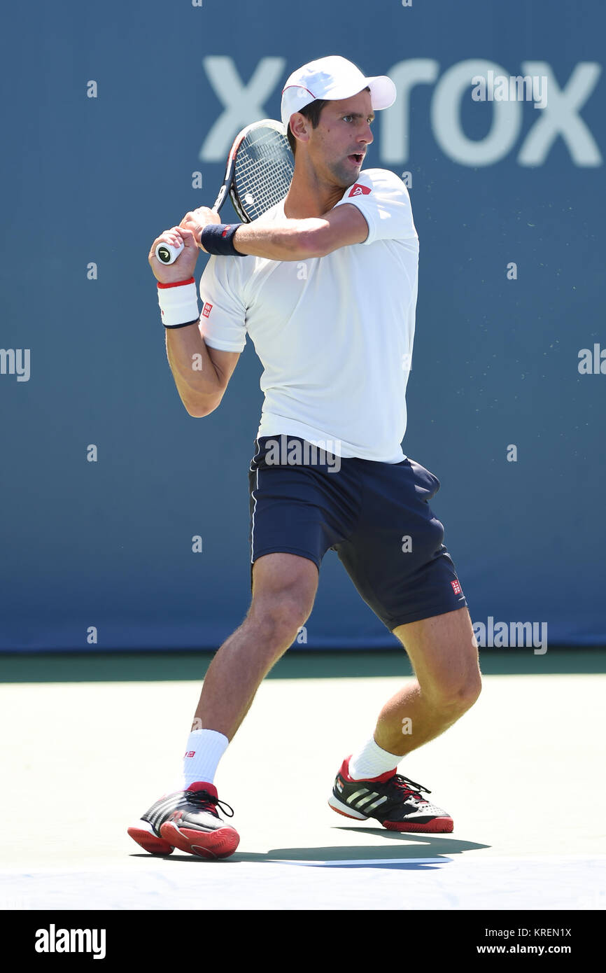 NEW YORK, NY - AUGUST 24: Novak Djokovic is sighted practicing on Arthur Ashe Stadium court at the USTA Billie Jean King National Tennis Center on August 24, 2014 in the Queens borough of New York City.   People:  Novak Djokovic Stock Photo