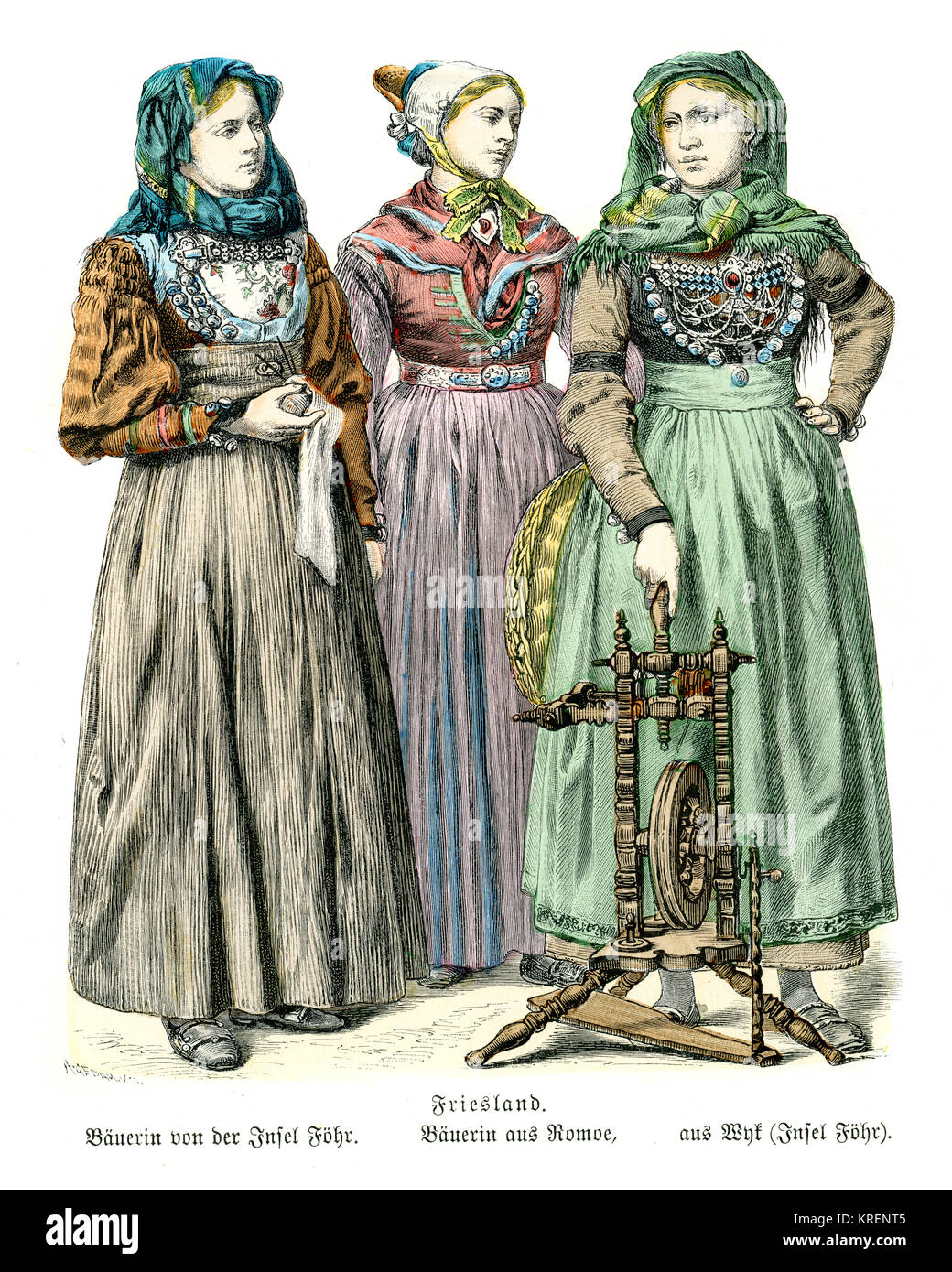 Vintage engraving of Traditional of Costumes Germany. Peasant woman of  Friesland,19th Century Stock Photo