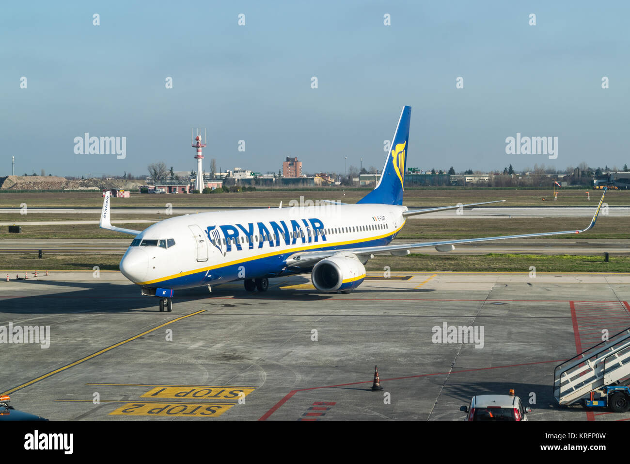 BOLOGNA, ITALY FEBRUARY 2016 Ryanair jetliner arriving at the
