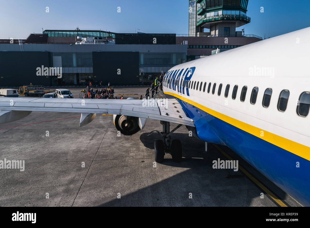 BOLOGNA, ITALY FEBRUARY 2016 Passengers boarding Ryanair jetliner at