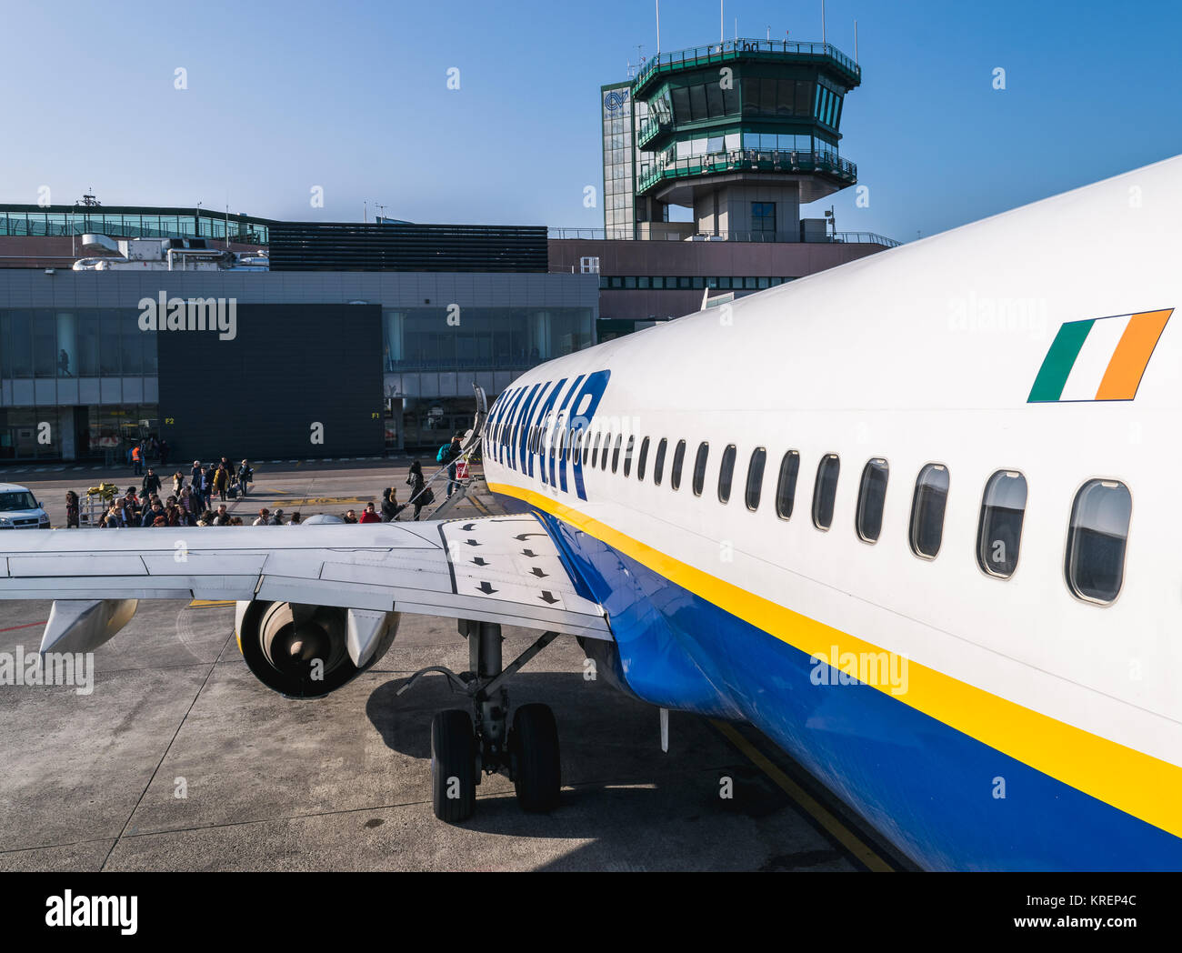 BOLOGNA, ITALY FEBRUARY 2016 Passengers boarding Ryanair jetliner at