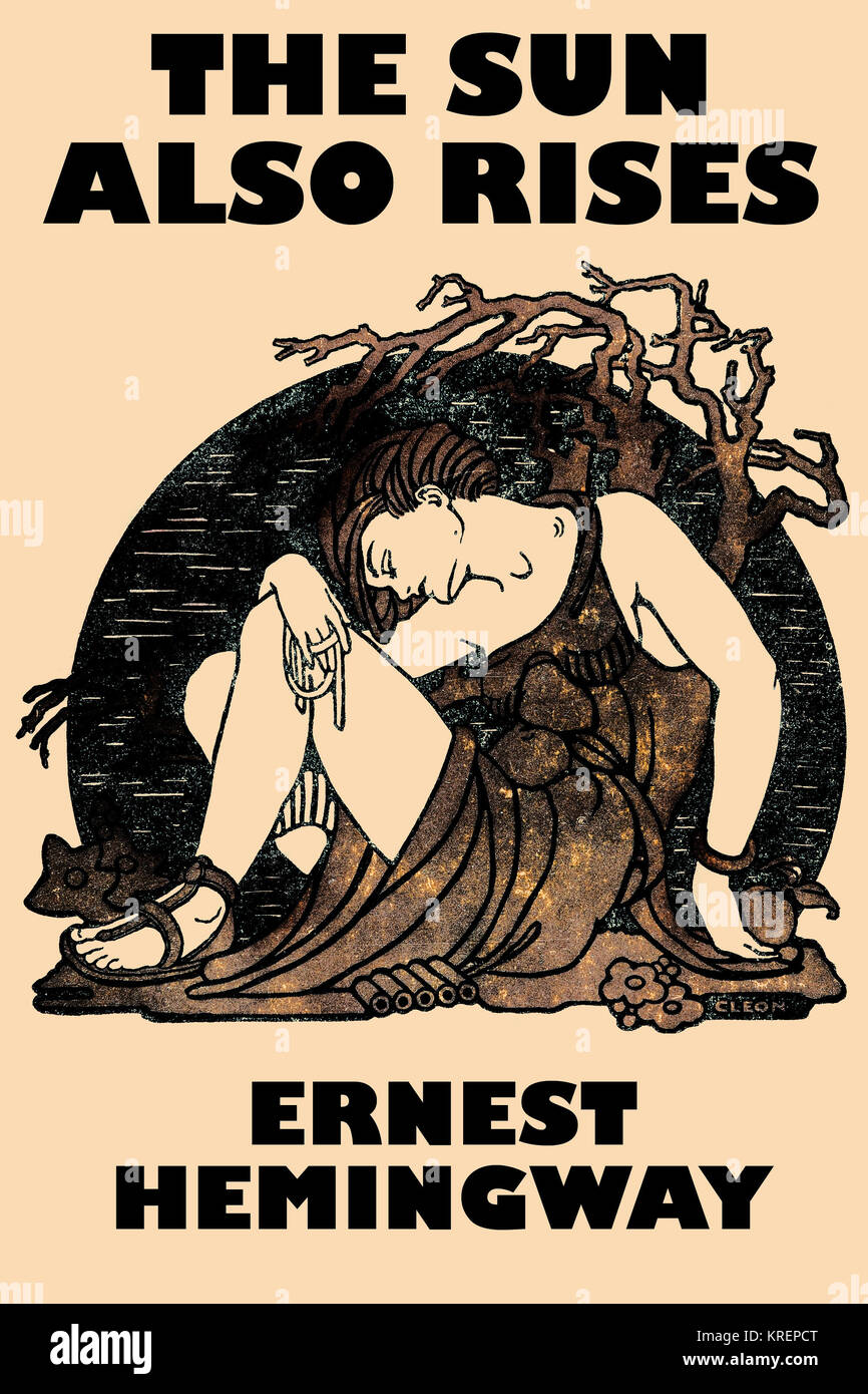 'Original first edition cover art of ''The Sun Also Rises.'' The 1926 novel was written by American author Ernest Hemingway about a group of American and British expatriates who travel from Paris to the Festival of San Ferm?n in Pamplona to watch the running of the bulls and the bullfights.  Scribner's published the novel on 22 October 1926. Its first edition consisted of 5090 copies, selling at $2.00 per copy. Cleonike Damianakes (b. 1895 - 1979) illustrated the dust jacket with a Hellenistic design of a seated, robed woman, her head bent to her shoulder, eyes closed, one hand holding an appl Stock Photo